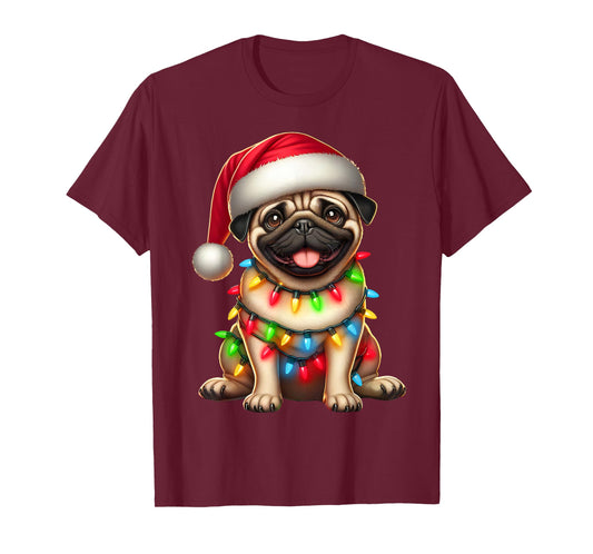 Pug Dog Christmas Tree Lights Santa Xmas Pajama Dog Lover T-Shirt