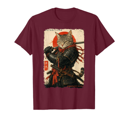 Samurai Cat Warrior Japanese Ukiyo Ink Art Cat Samurai T-Shirt