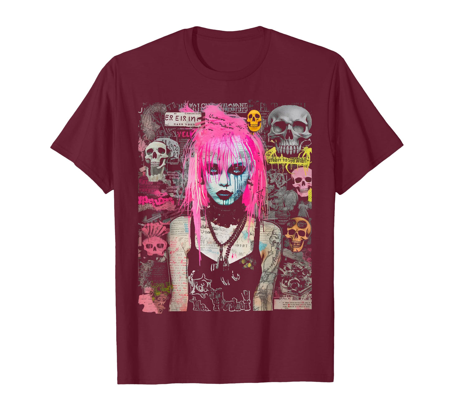 Pink Hair Punk Goth Witch With Skull Collage Background T-Shirt