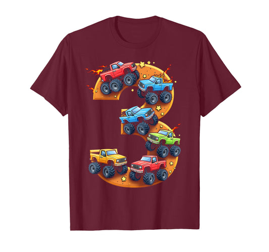 3 Year Old Monster Truck Boy Toddler 3rd Birthday Party T-Shirt