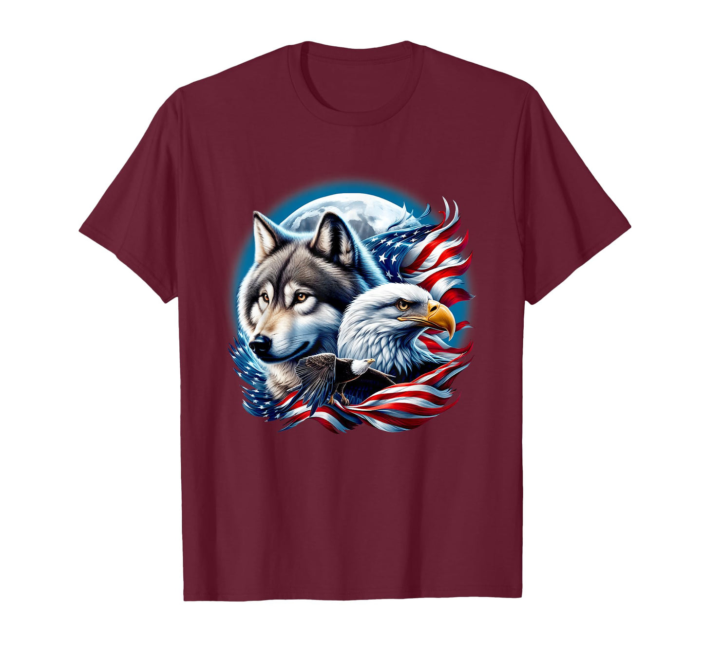 Wolf Bald Eagle American Flag Full Moon New Years Wolf Lover T-Shirt
