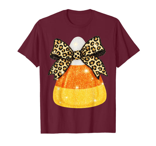 Halloween Candy Corn Leopard Coquette Bow Spooky Season T-Shirt