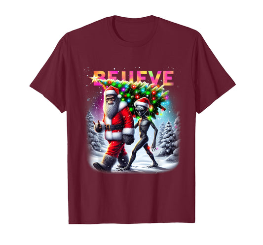 Believe Funny Alien and Bigfoot Christmas Design T-Shirt