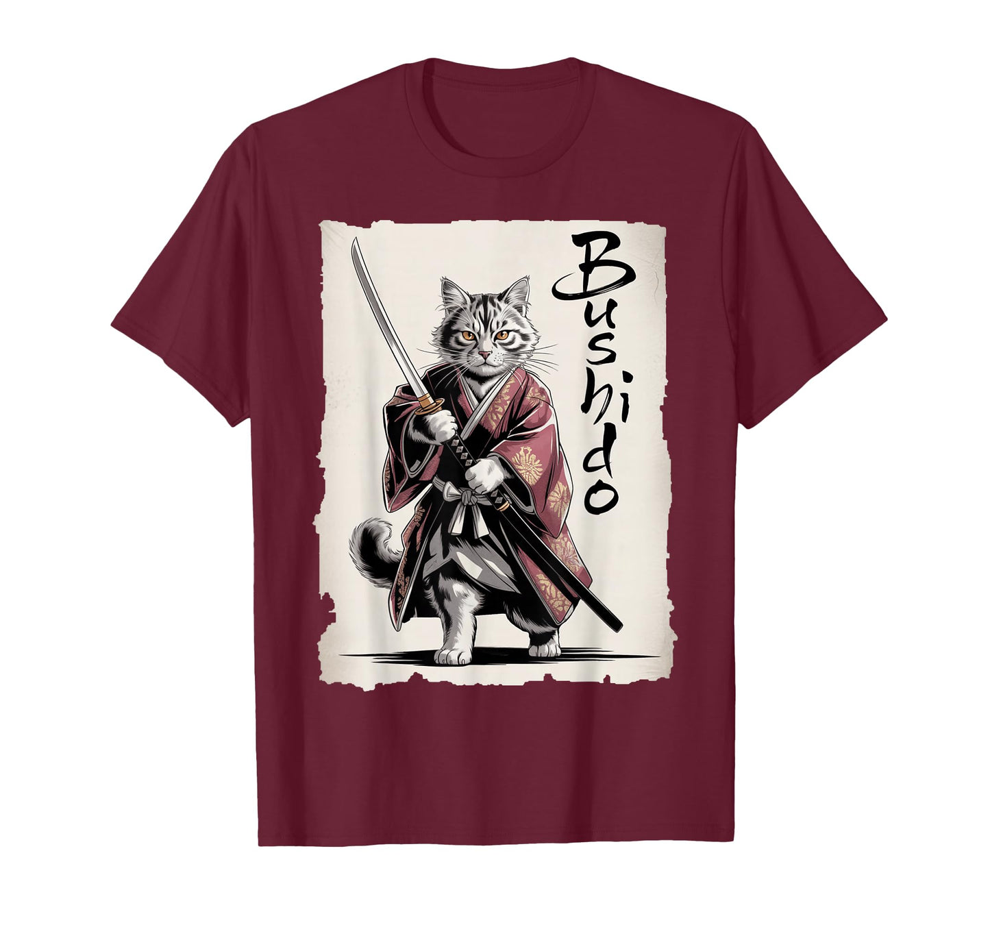 Samurai Cat Vintage Ukiyo-e Warrior Art Graphic Fun Cat Art T-Shirt