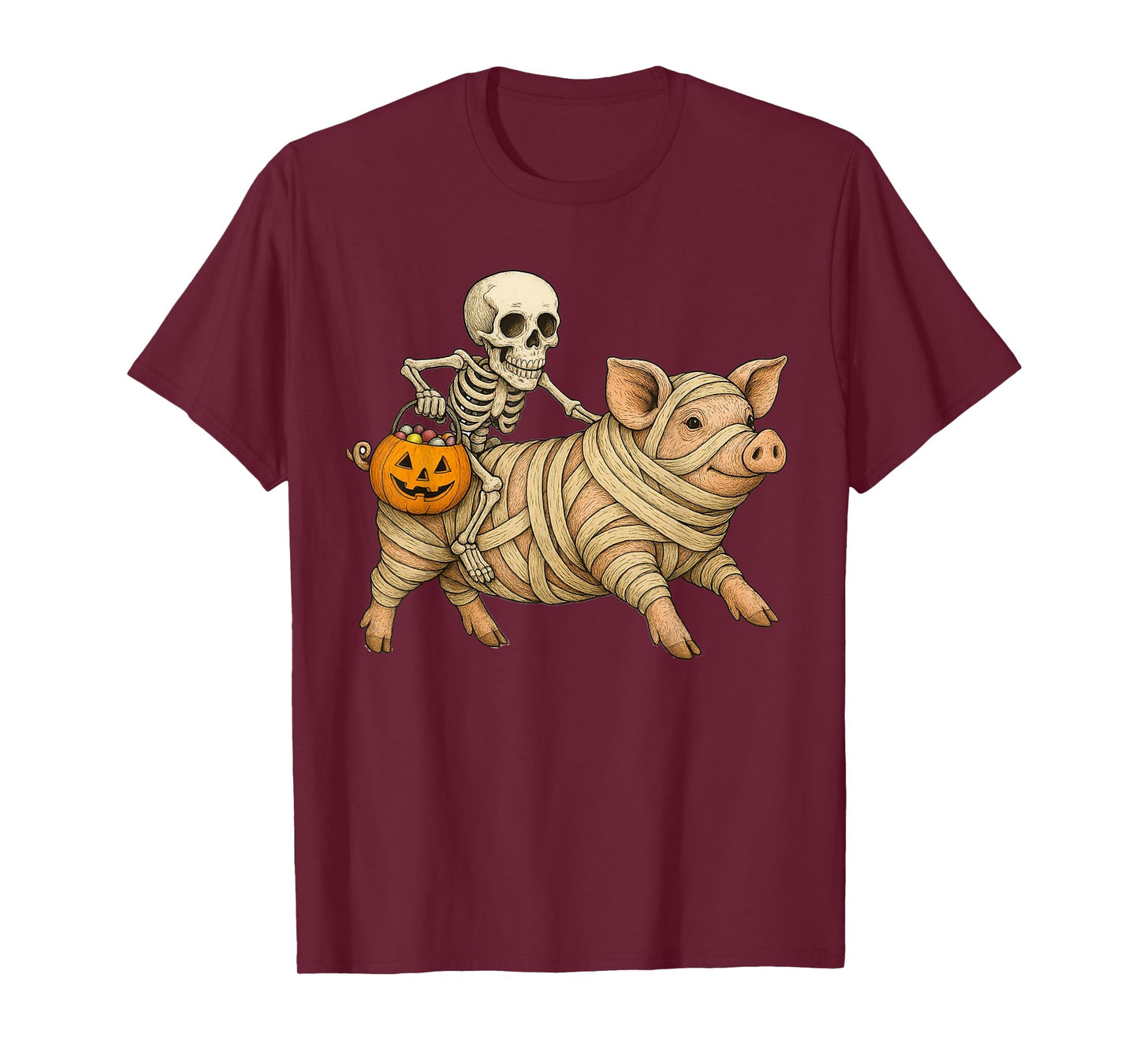 Skeleton Riding Mummy Pig Halloween Funny Pumpkin T-Shirt