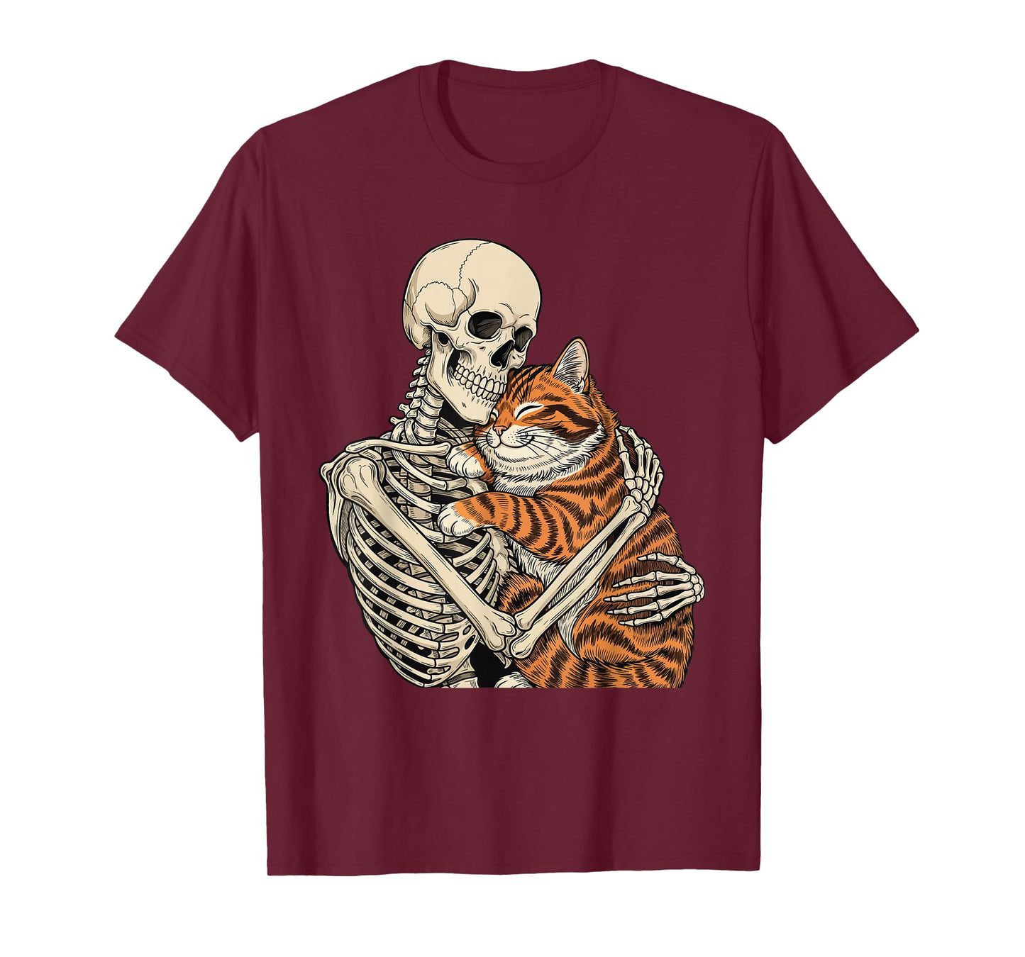 Skeleton Hugging Cat - Spooky Halloween Cat Lover Kitty T-Shirt