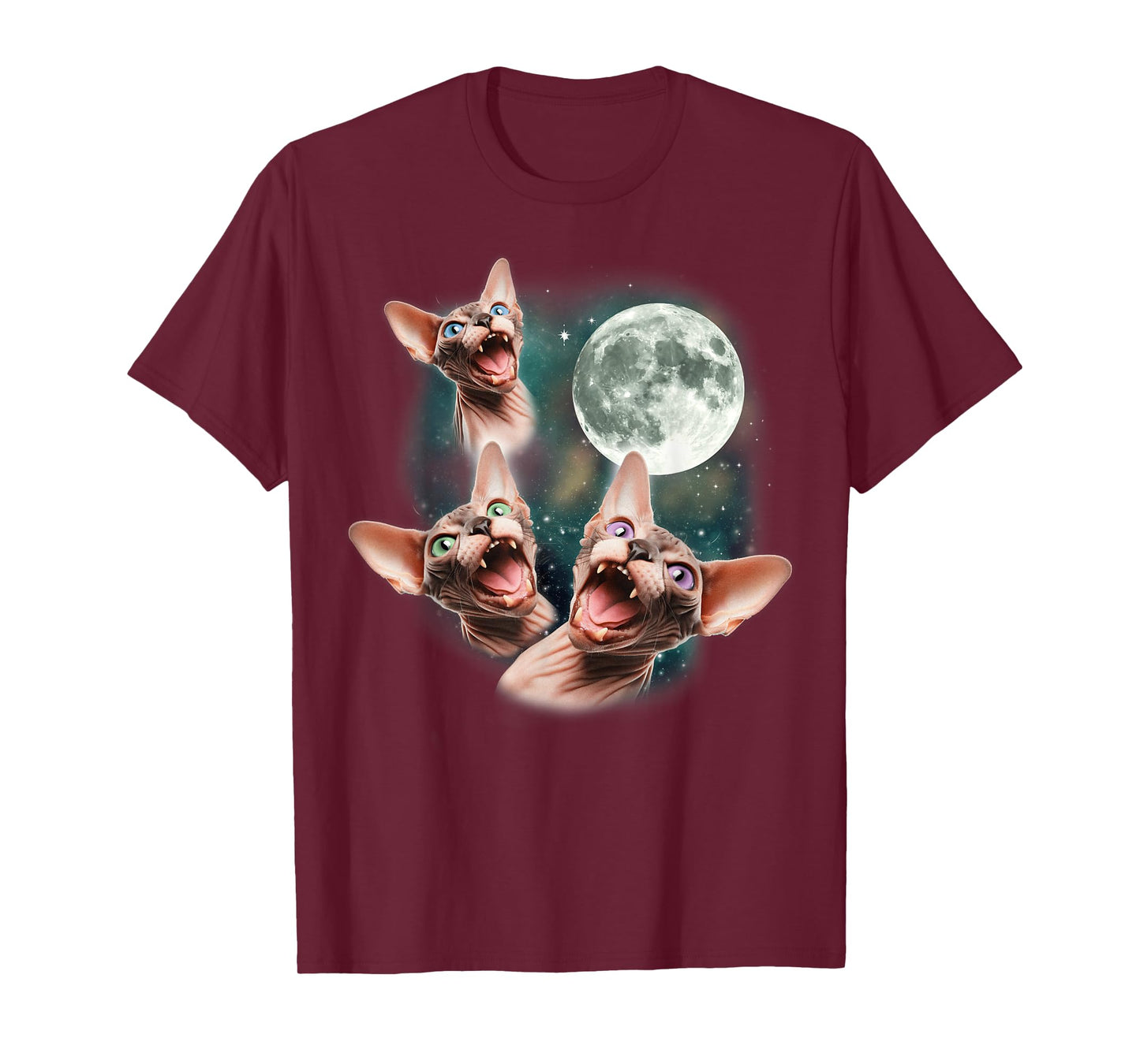 Three Sphynx Moon | 3 Hairless Cats Howling Cursed Wolf Meme T-Shirt for Men Women Kids