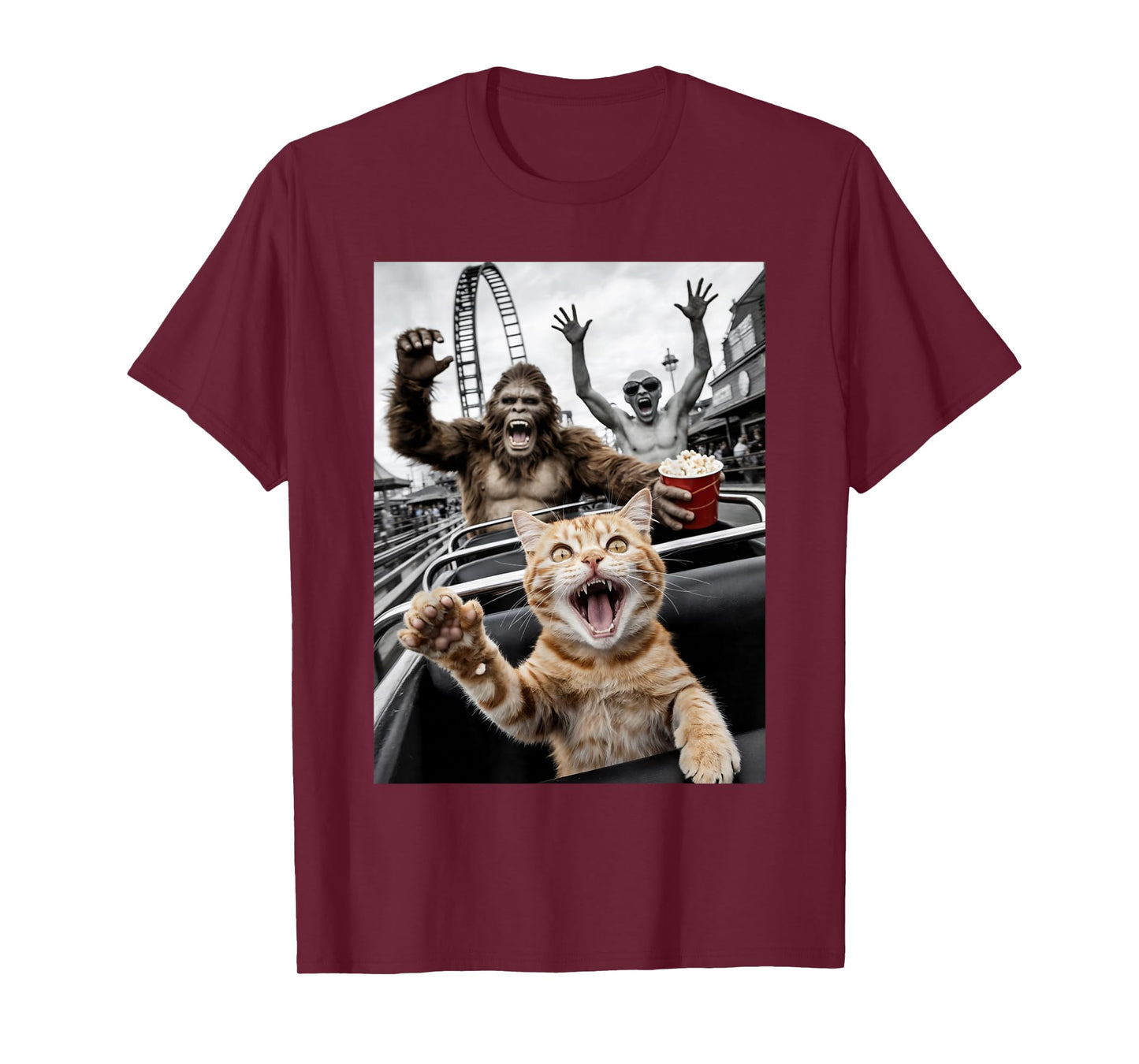Funny Cat Selfie Bigfoot Alien Roller Coaster T-Shirt