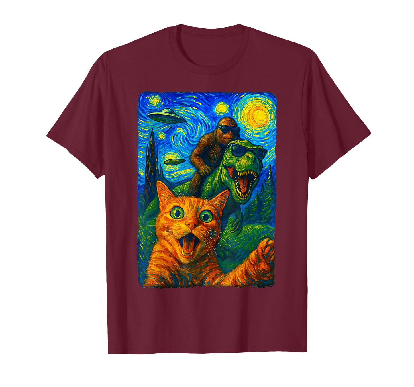 Cat T-Rex Bigfoot UFO Selfie T-Shirt