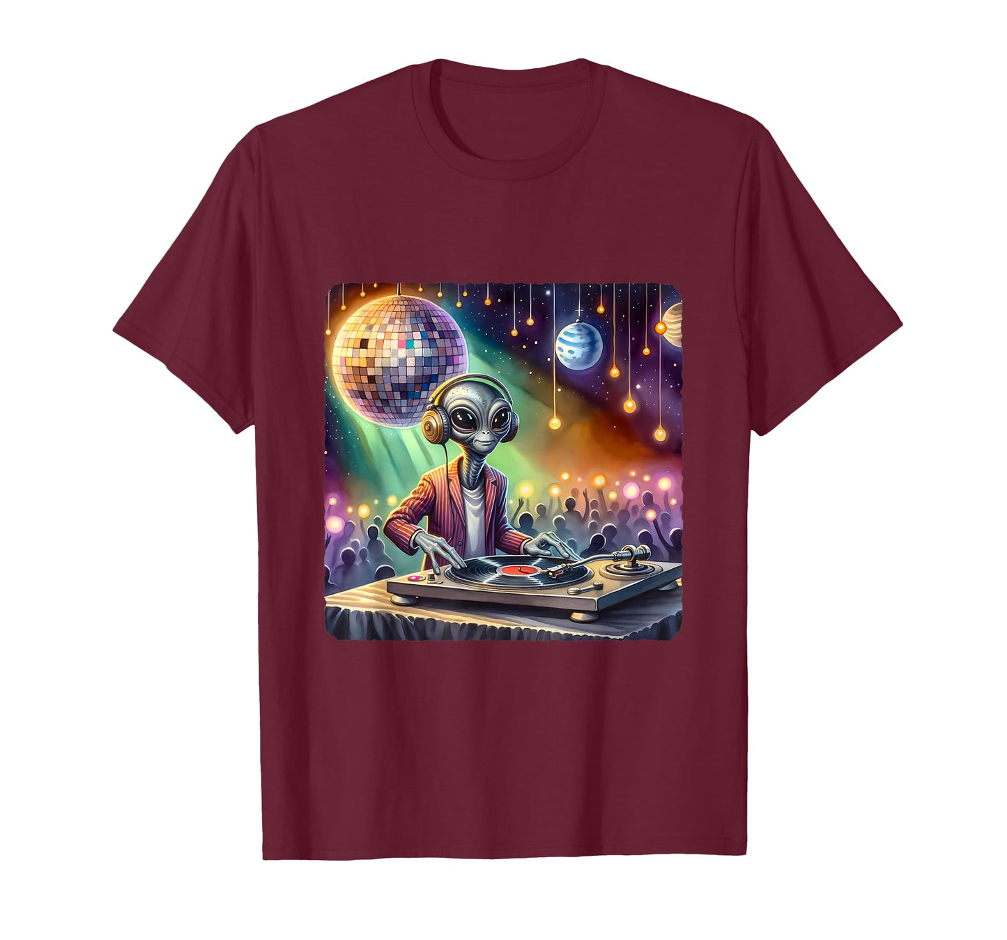 Alien Dj Under Mirror Ball Moon. Turntable Planets Lights T-Shirt