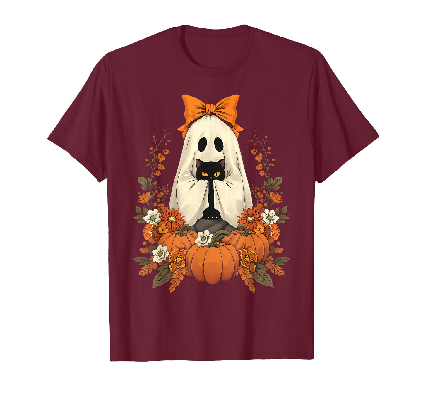 Vintage Halloween Ghost Holding Cat Groovy Floral Cat Meme T-Shirt