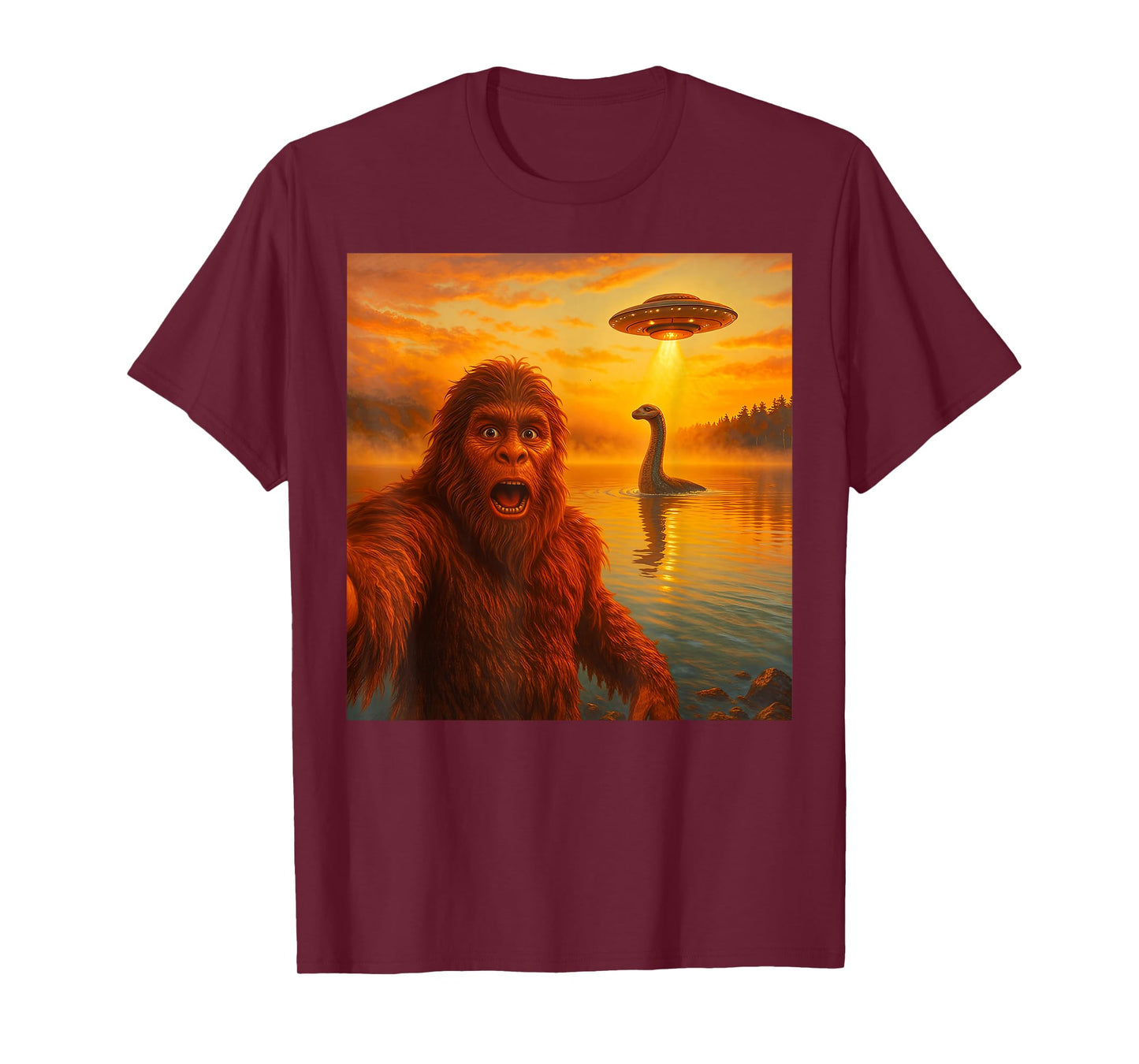 Funny Bigfoot Selfie with Loch Ness Monster and UFO Aliens T-Shirt