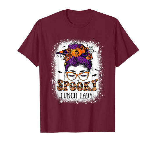 Spooky Lunch Lady Witch Leopard Messy Bun Halloween Costumes T-Shirt