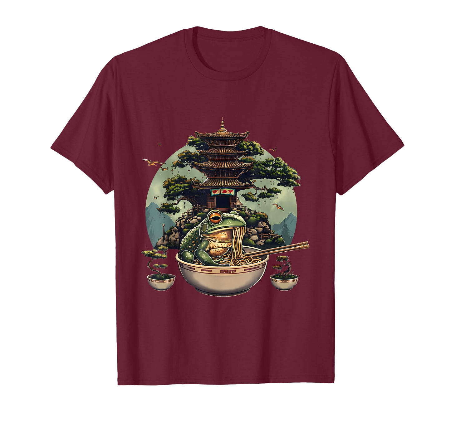 Frog Eating Ramen Noodles Pagoda Bonsai Tree Ramen Noodles T-Shirt