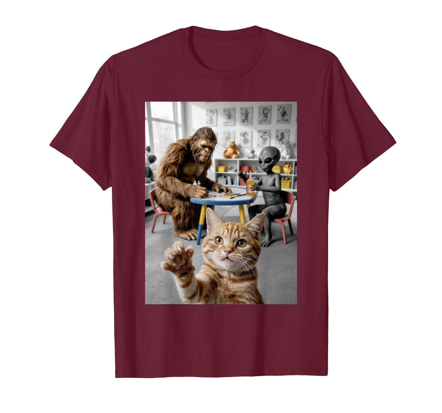 Funny School Classroom Cat Selfie with Bigfoot and Alien T-Shirt