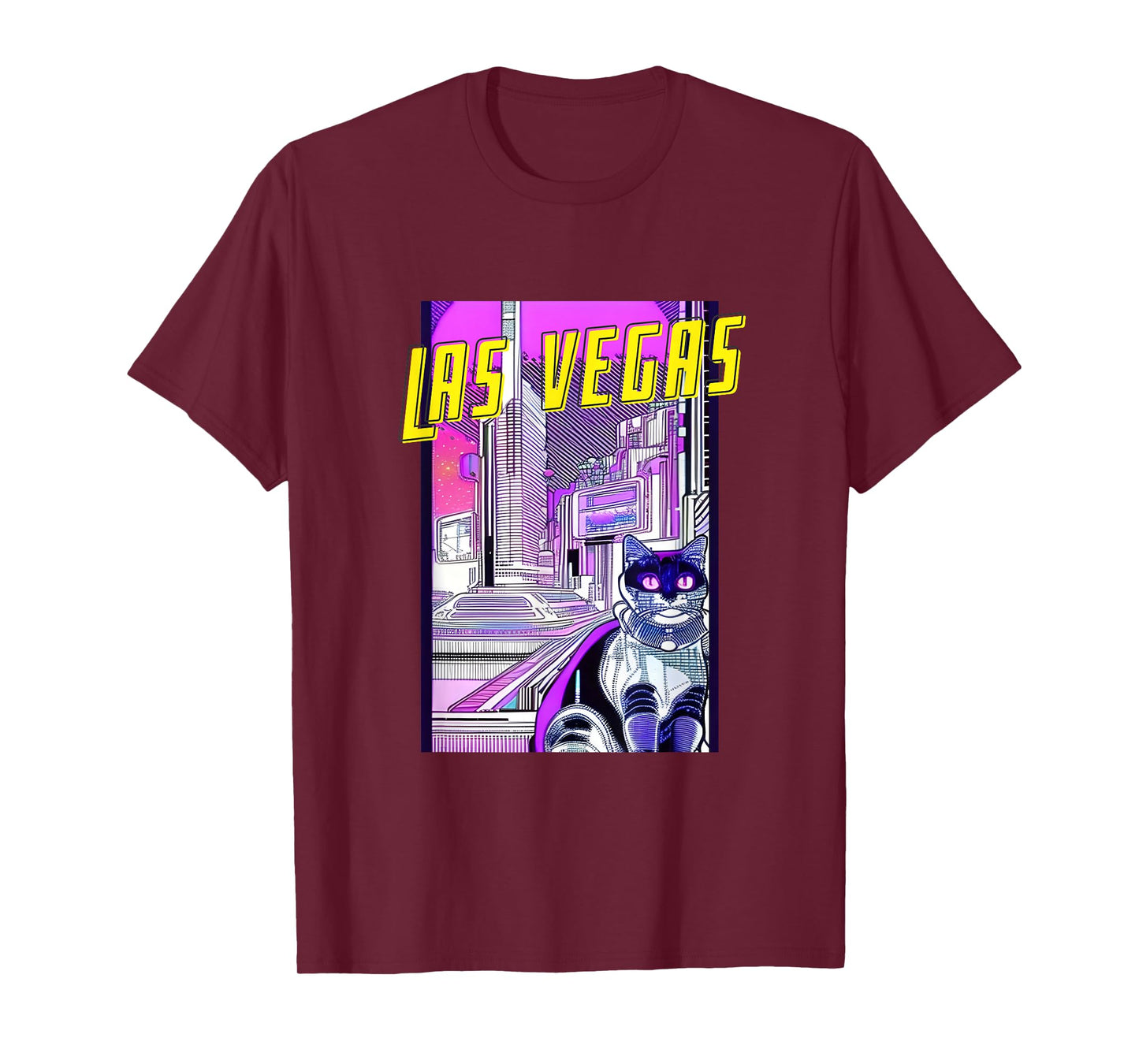 Las Vegas Cat Retro Anime Cityscape Nevada USA Vintage Funny T-Shirt