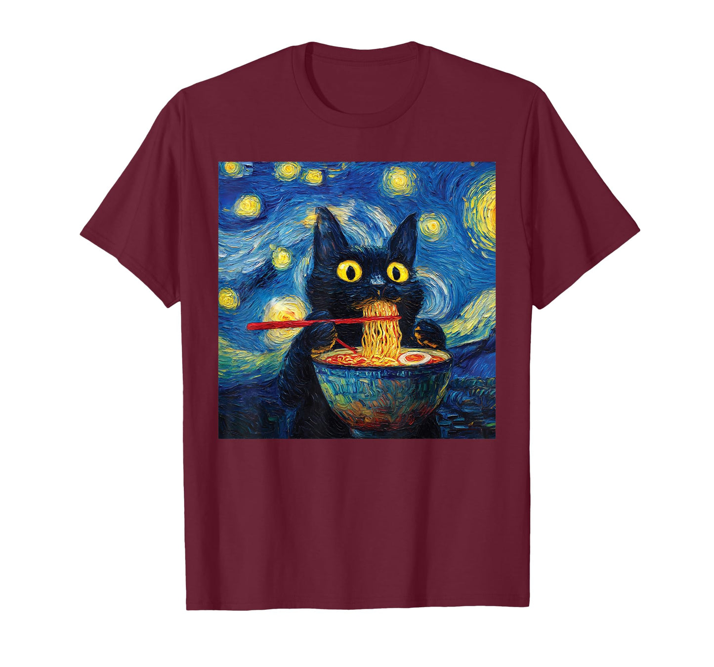 Cat Eating Ramen Under Starry Nighit Funny Noodle Cat Art T-Shirt
