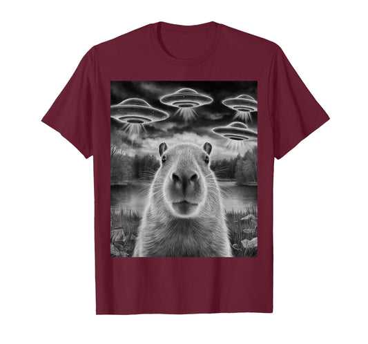 Funny Capybara Selfie with UFOs Weird Design Women Men T-Shirt