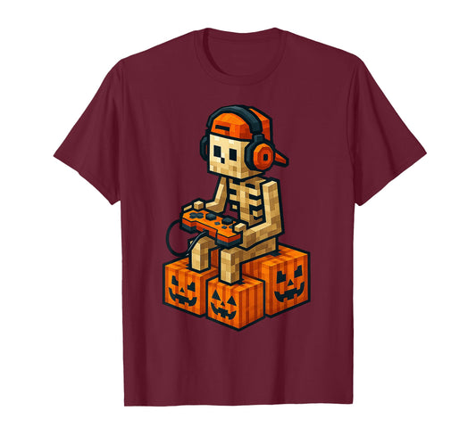 Spooky Skeleton Pumpkin Halloween Video Game Pixel Kids Boy T-Shirt