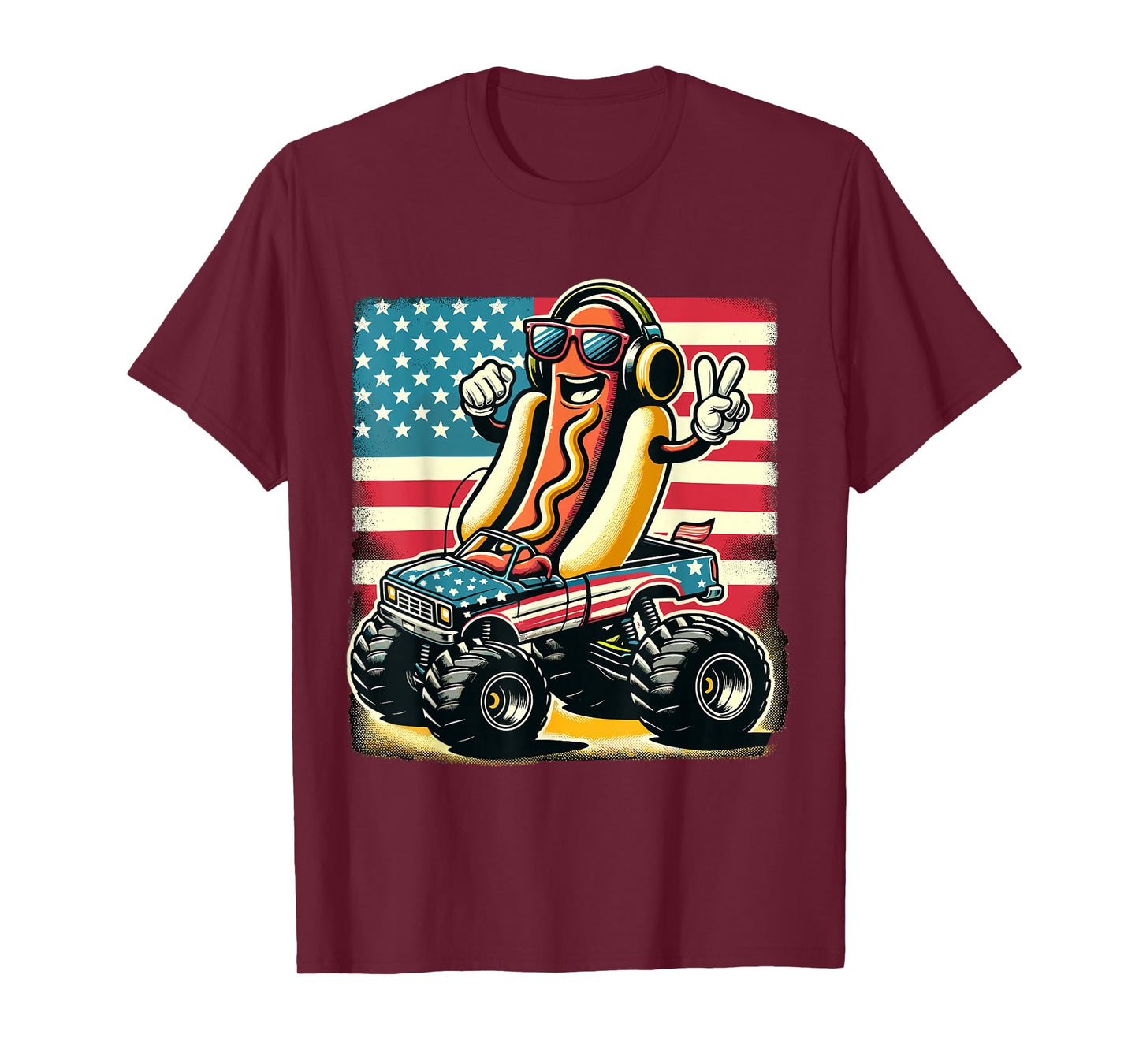 Monster Truck 4th Of July Hotdog Peace Sign American Flag T-Shirt