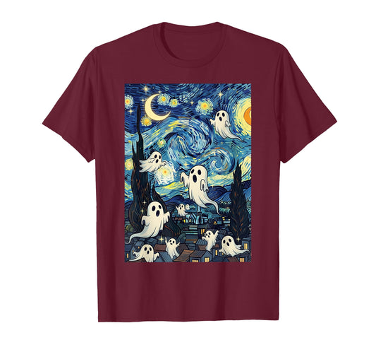 Spooky Ghosts in Starry Night Art Van Gogh Halloween Fun T-Shirt