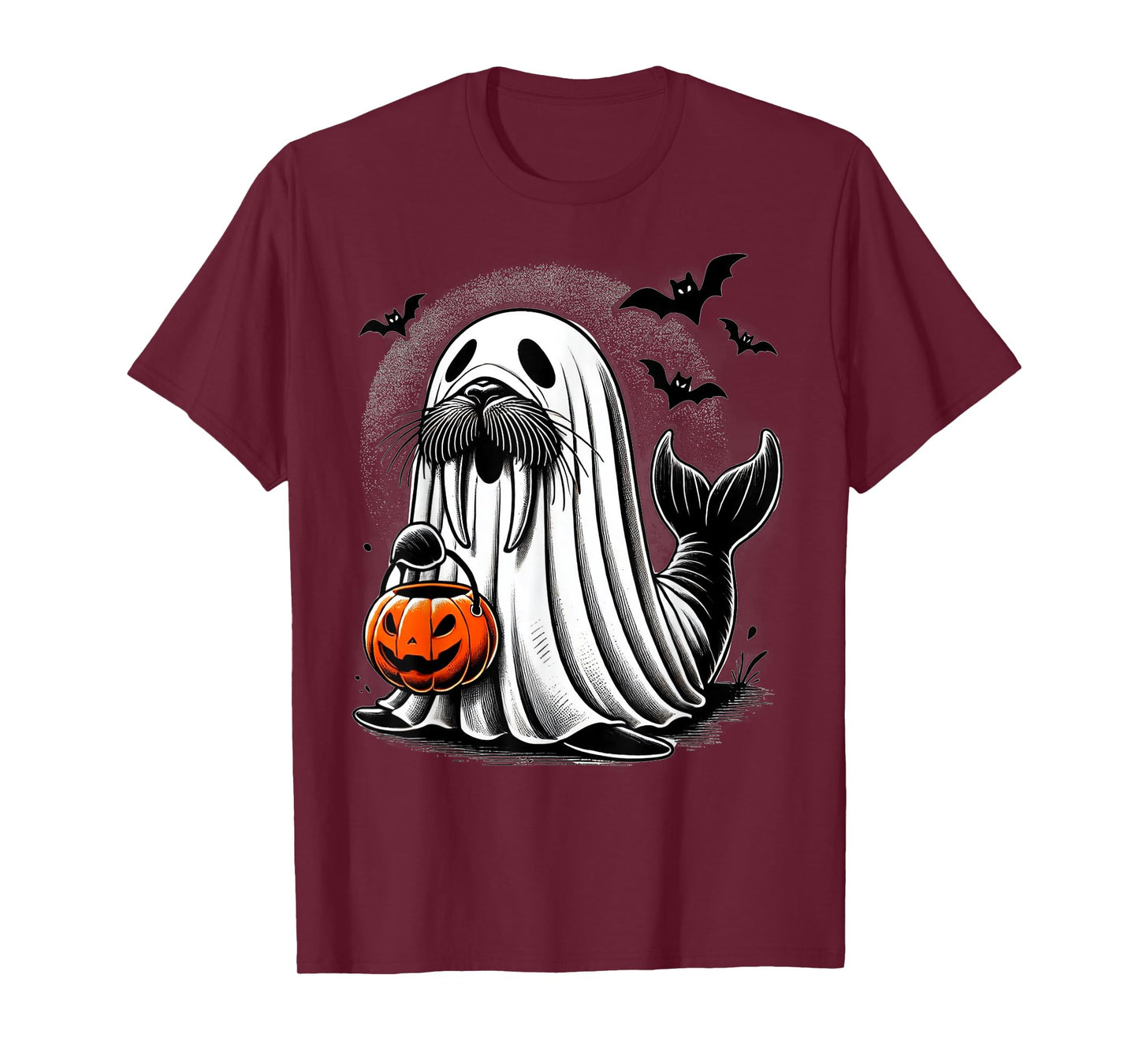 Funny Halloween Seal Ghost Costume Walrus Holding Pumpkin T-Shirt