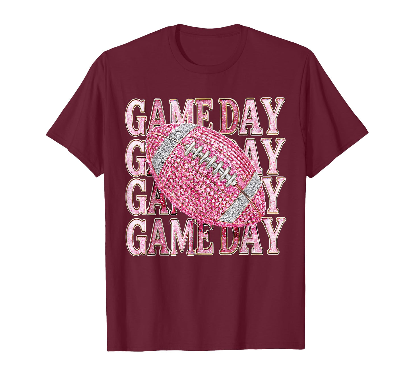 Pink Sparkle Game Day Football Mom Team Girls Women Black T-Shirt