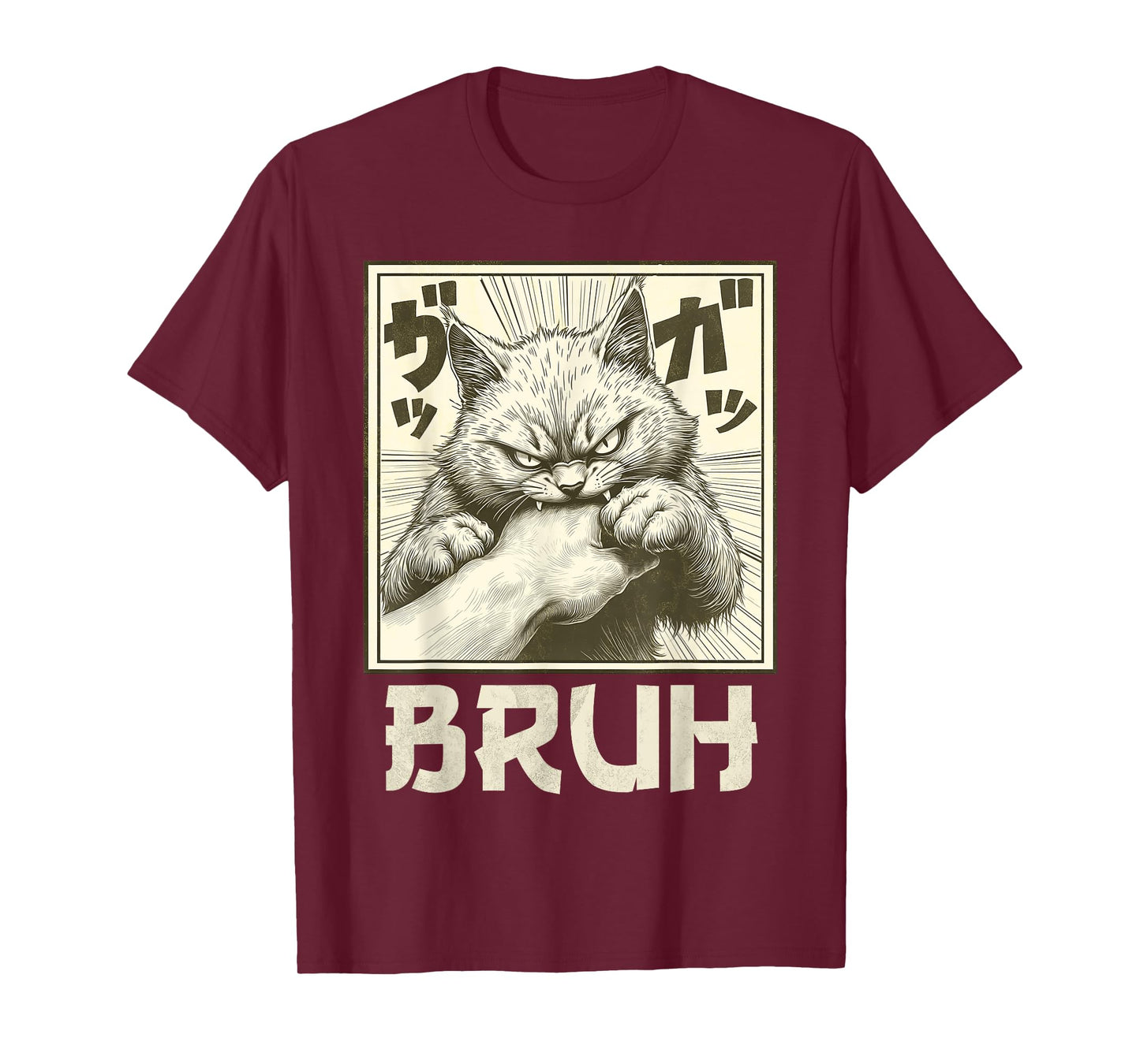 Funny Bruh Cat Bite Graphic Tee Japanese Anime Cat T-Shirt