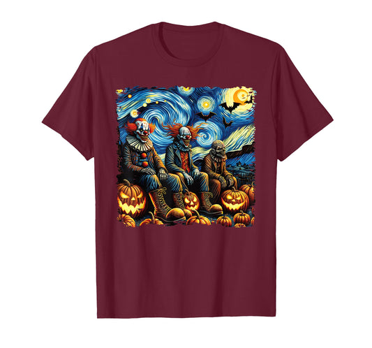 Van Gogh Starry Night Scary Clowns Halloween Fall Pumpkin T-Shirt