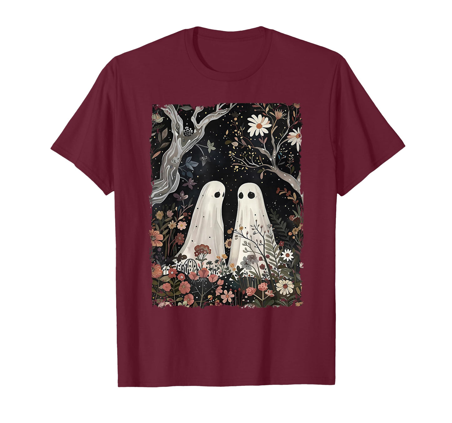 Ghost In The Flower Forest Halloween Spooky Season Vintage T-Shirt