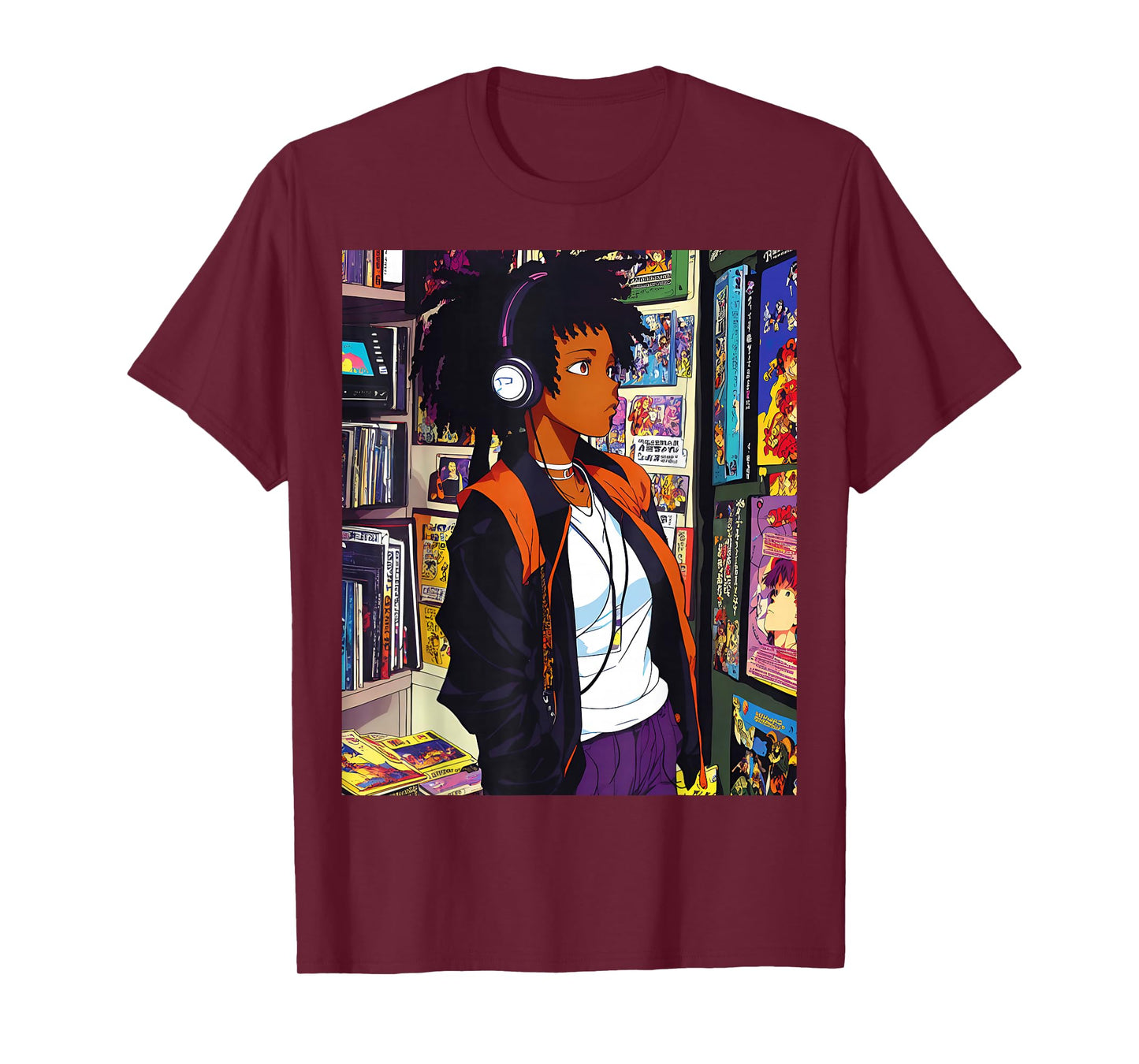 Anime Black Girl Lofi Music 90s Retro Afro Cartoon T-Shirt