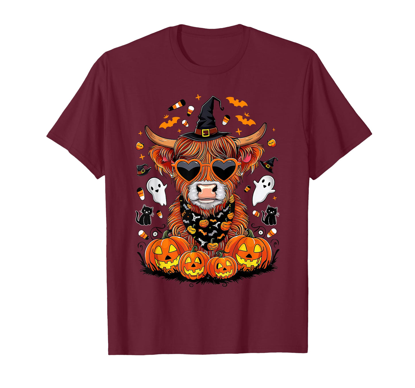 Halloween Highland Cow Farm Western Ghost Cow Witchy Pumpkin T-Shirt