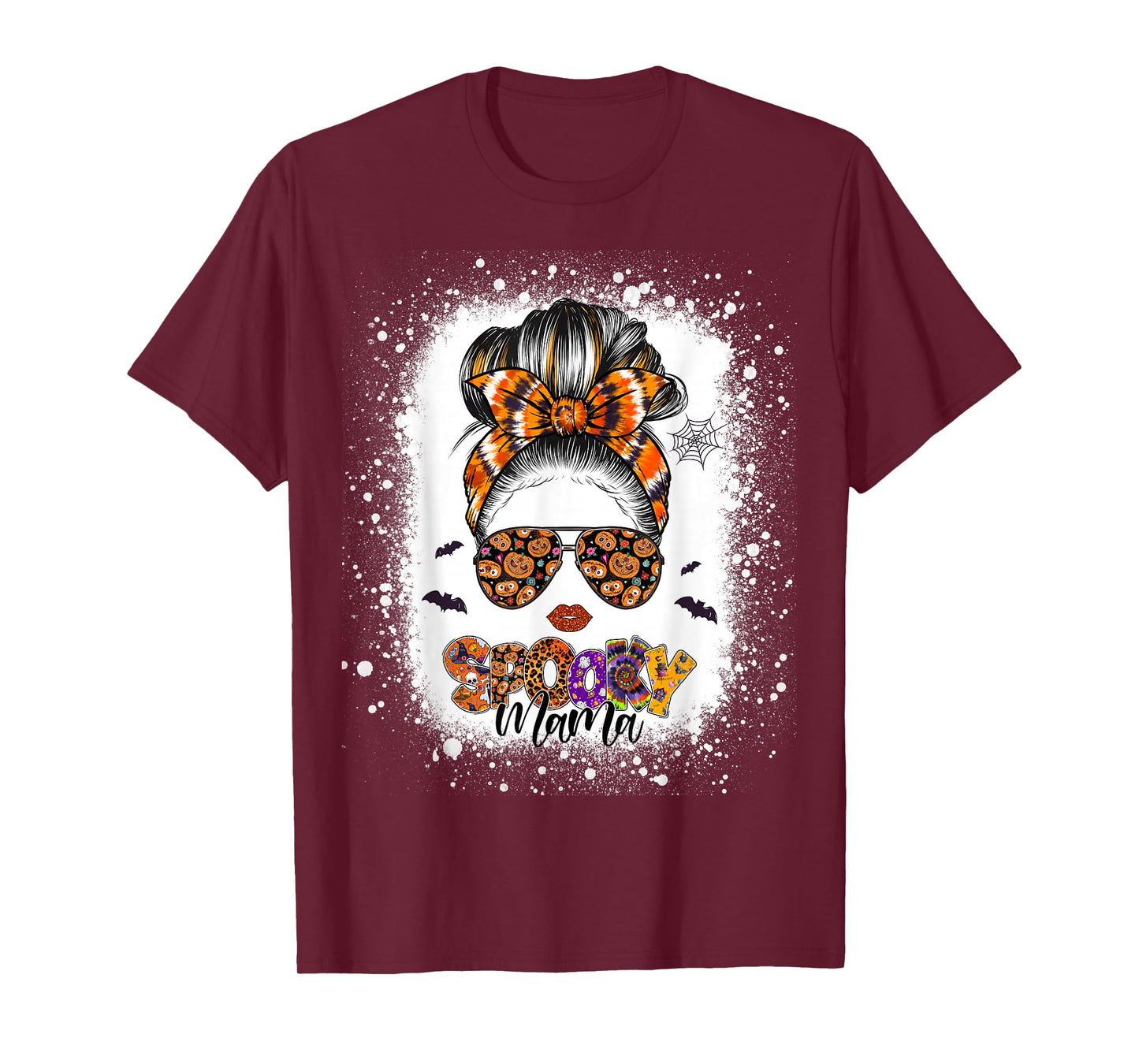 Spooky Mama Halloween Monster Messy Bun Skull Mom Bleached T-Shirt