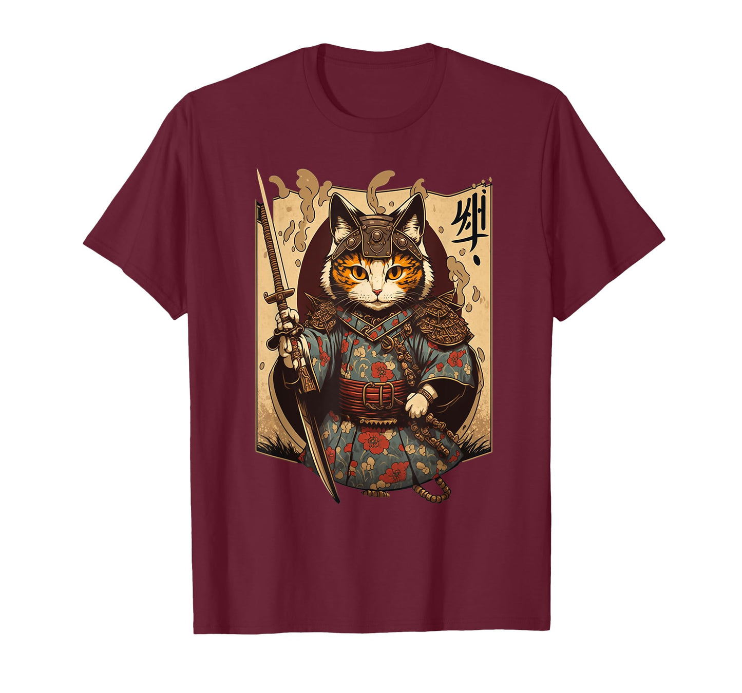 Retro Japanese Samurai Ninja Cat Kawaii Tattoo Graphic Style T-Shirt