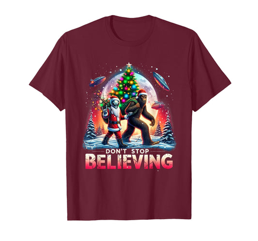 Believe Funny Alien and Santa Christmas Design T-Shirt