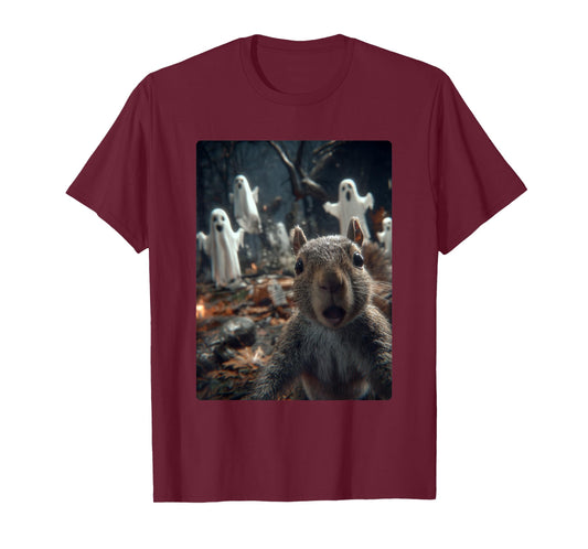 Funny Squirrel Selfie with Ghosts Haunted Forest Halloween T-Shirt
