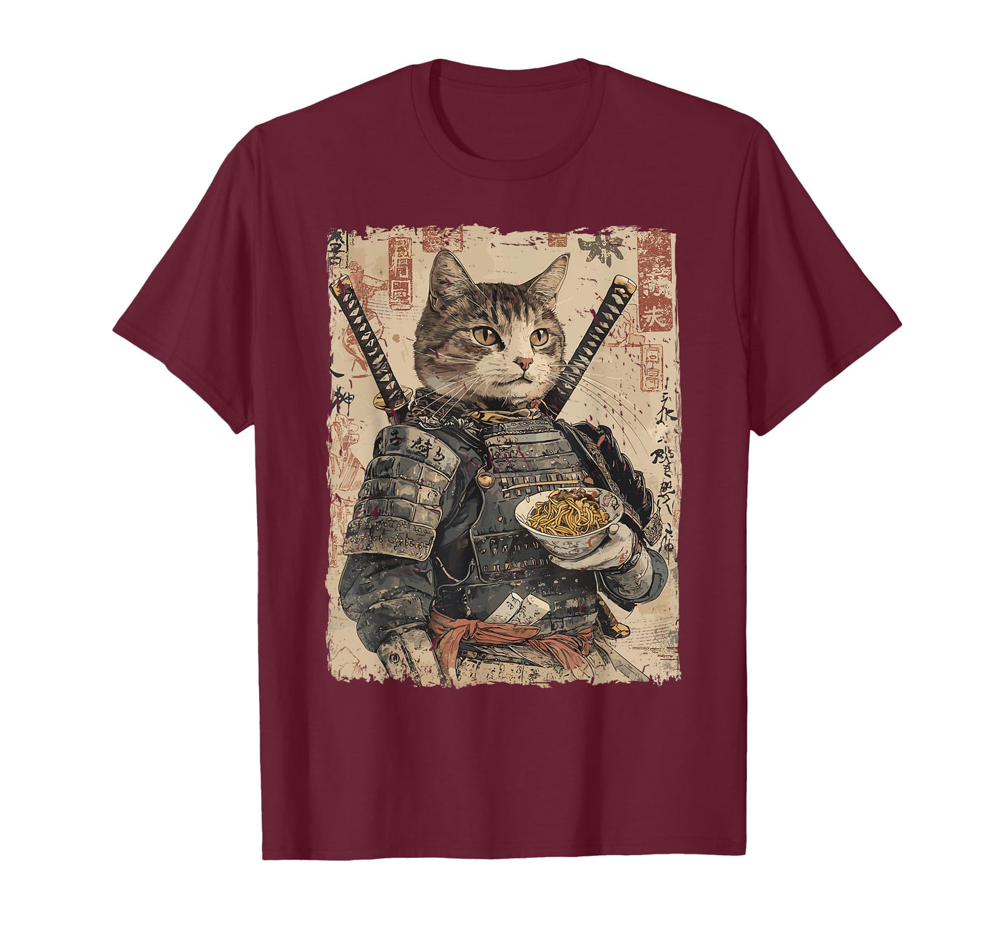 Samurai Cat Loves Ramen Funny Anime Japanese Artwork Samurai T-Shirt