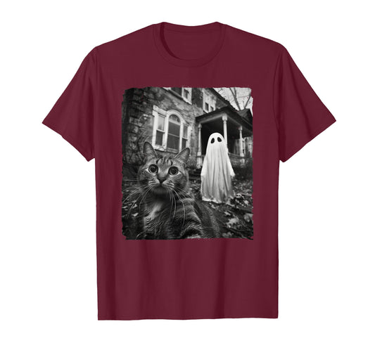 Funny Cat Selfie Ghost Halloween House Photo Haunted Spooky T-Shirt for Men Women Kids