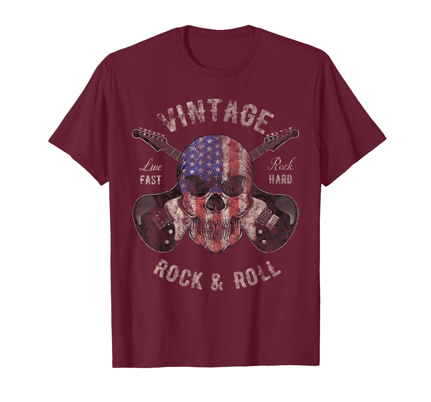 American Flag Guitar Vintage Rock and Roll Skull Guitarist T-Shirt