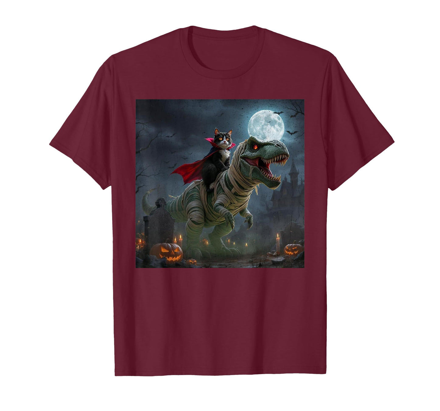 Funny Cat Vampire Riding a T-Rex Cute Halloween Meme T-Shirt