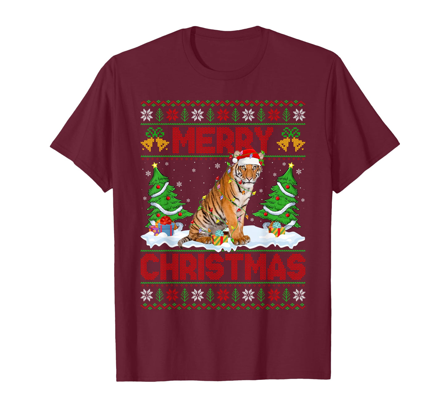 Tiger Ugly Xmas Sweater Funny Animal Lights Christmas T-Shirt