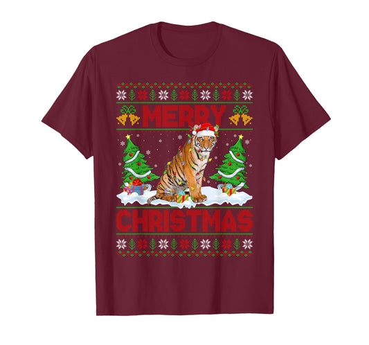 Tiger Ugly Xmas Sweater Funny Animal Lights Christmas T-Shirt