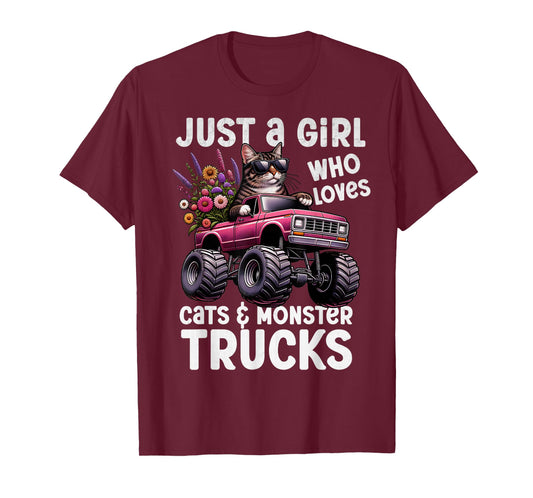 Just A Girl Who Loves Cat And Monster Trucks Party Show Cute T-Shirt