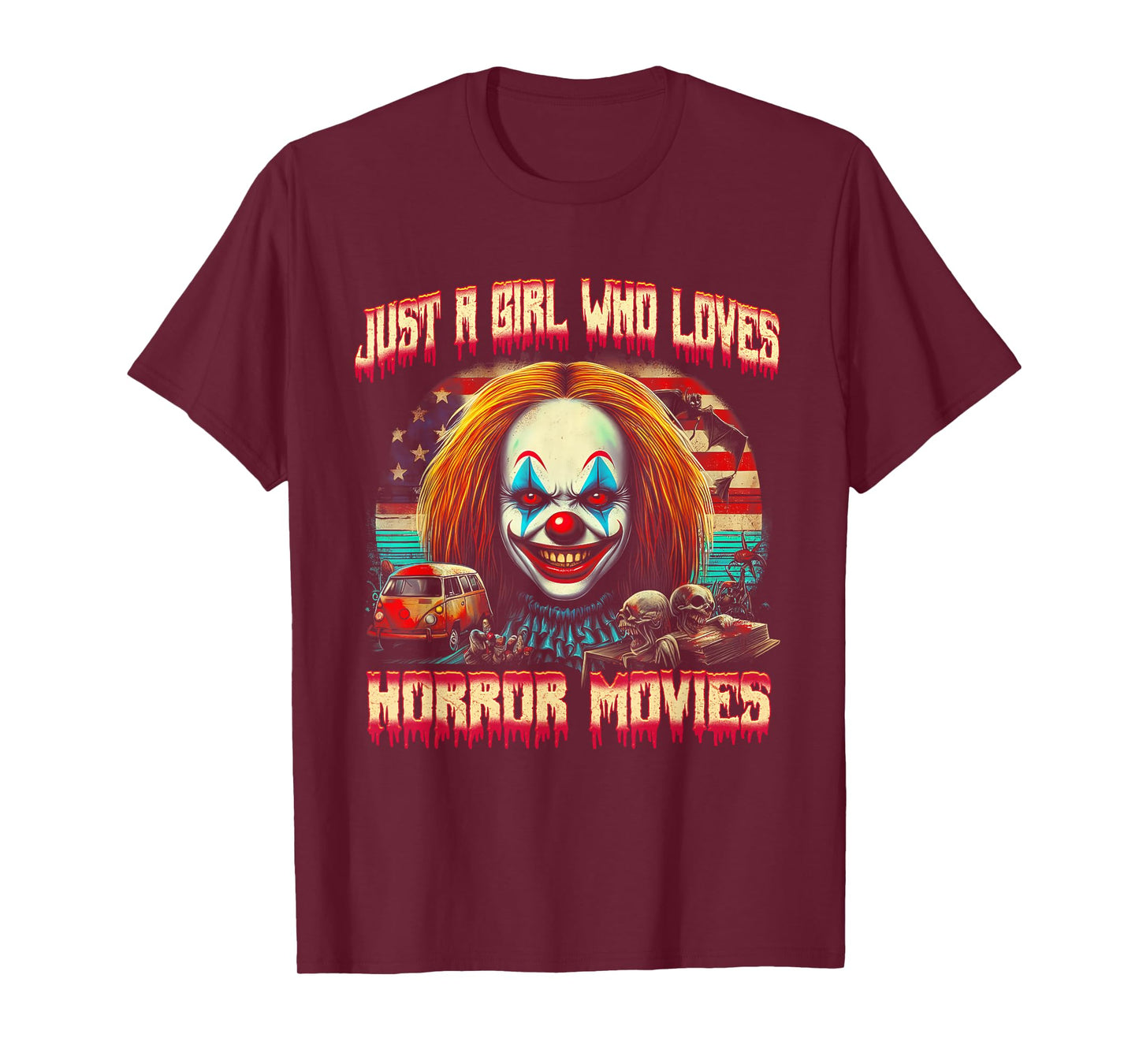 Vintage Just Girl Who Loves Horror Movies Clown Halloween T-Shirt