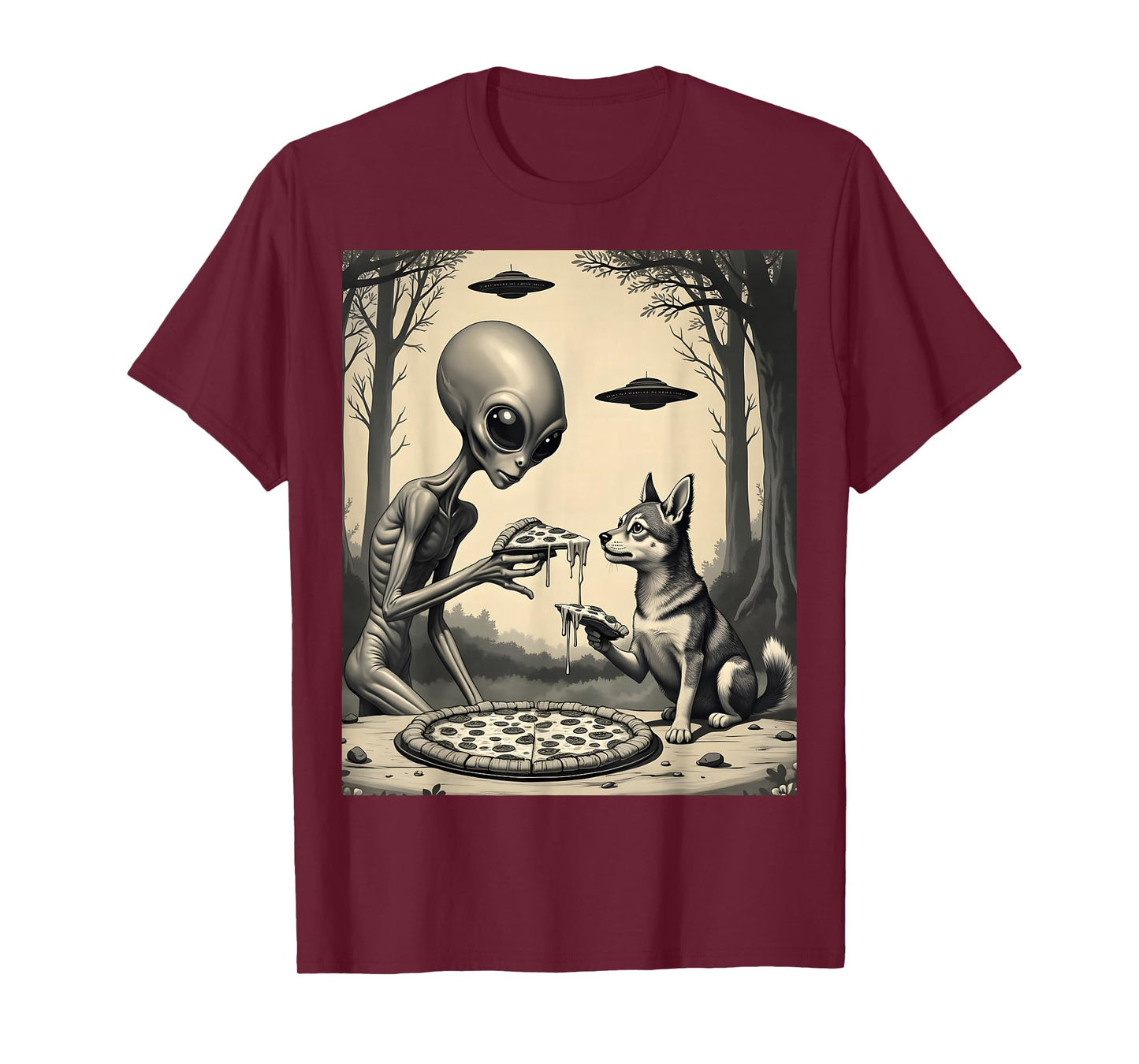 Alien And dog Eating Pizza Funny Snack Food Men Women Kids T-Shirt
