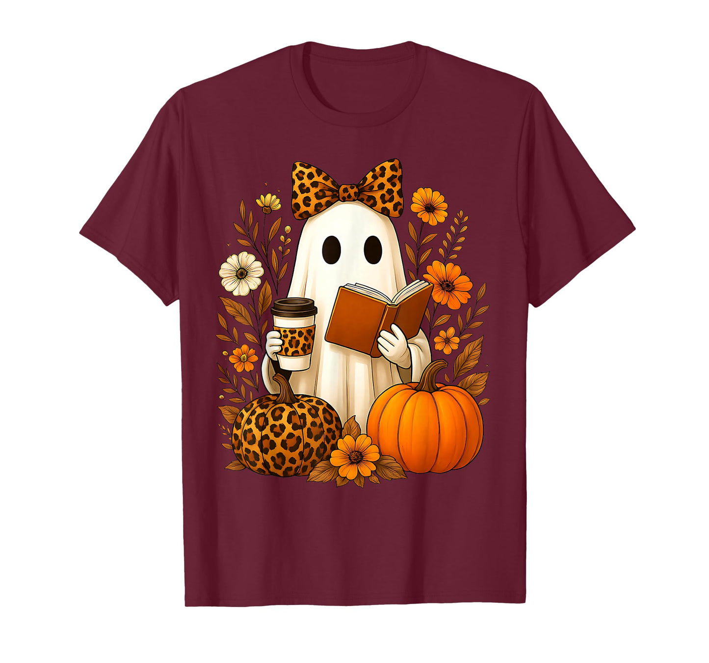 Ghost Reading Book Coffee Leopard Print Fall Halloween Women T-Shirt