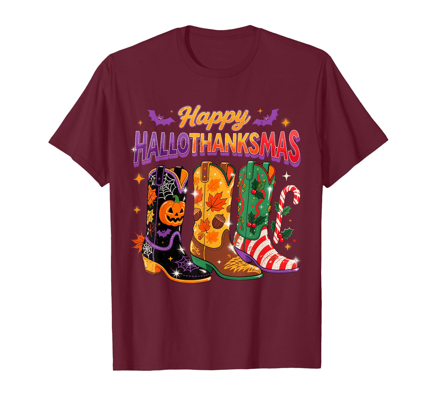 Western Holiday Boots Happy Hallothanksmas Design T-Shirt