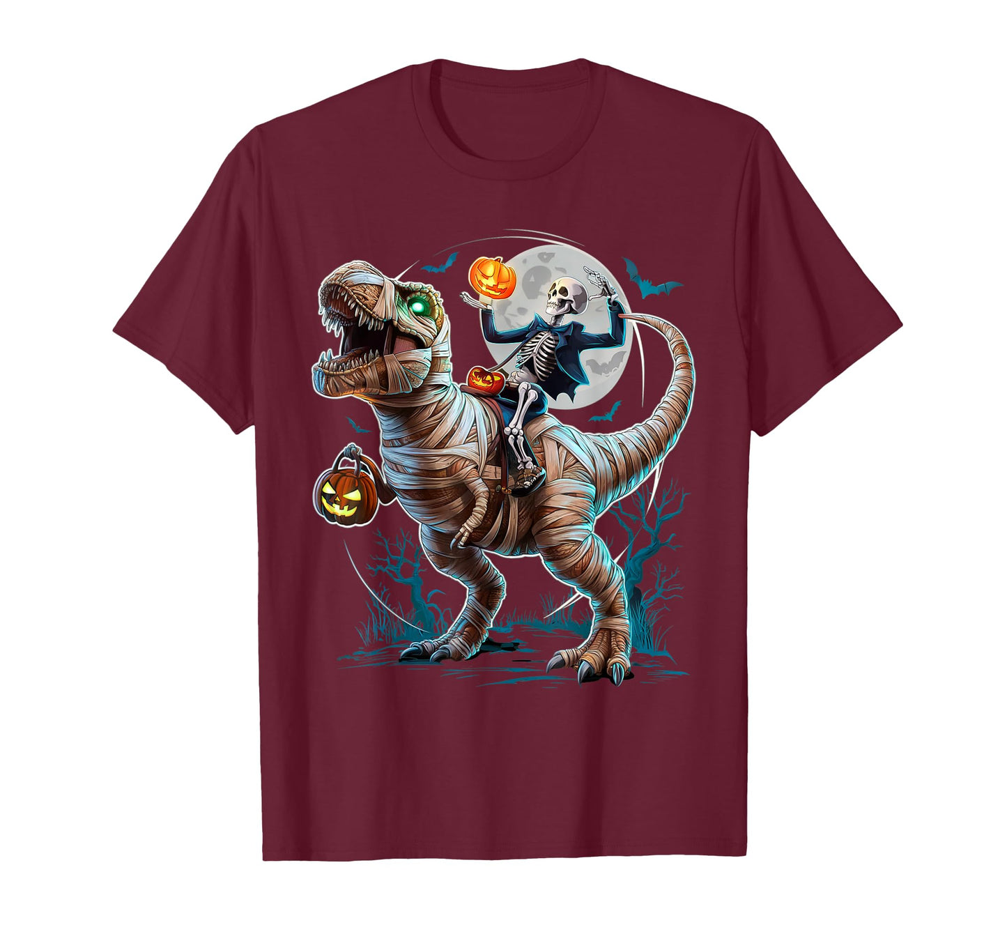 Skeleton Riding Mummy Pumpkin T Rex Dinosaur Funny Halloween T-Shirt