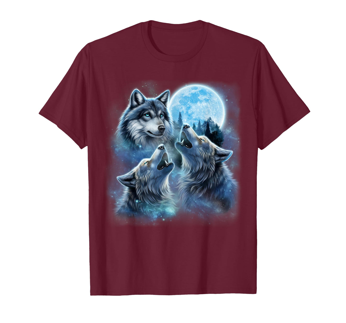Three Majestic Wolf Engulfed in Galaxy Clouds Under Icy Moon T-Shirt