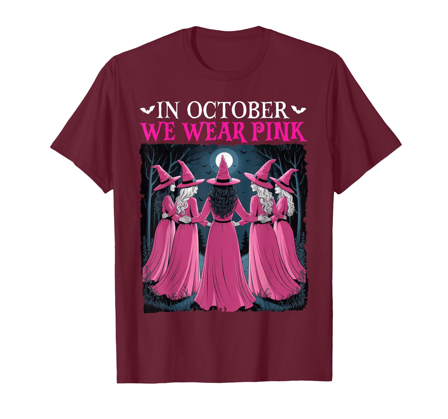 in October We Wear Pink Witch Halloween Breast Cancer Women T-Shirt